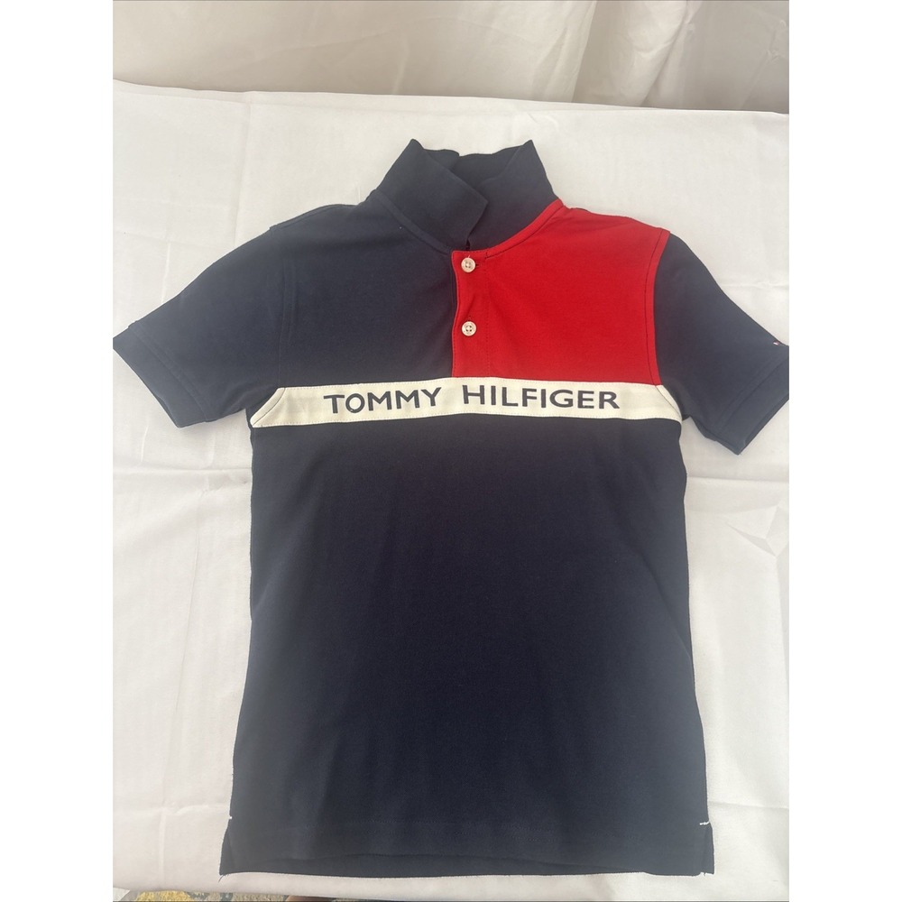 Tommy Hilfiger Boys Blue Red Stretch Ivy Polo Collared Shirt Size 6